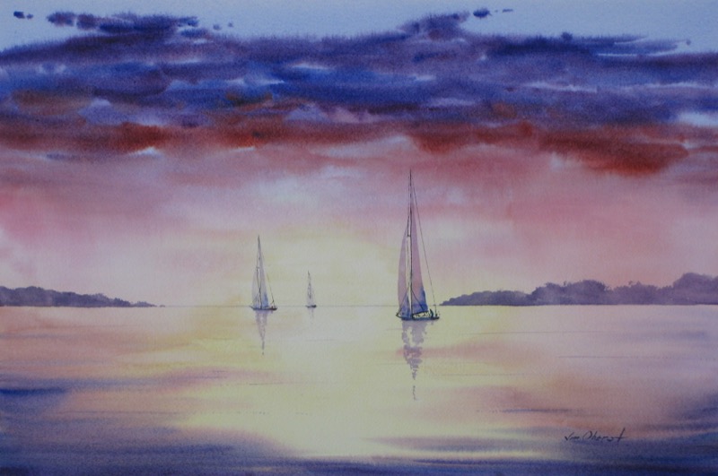 seascape, sailboat, twilight, evening, calm, sunset, original watercolor painting, oberst